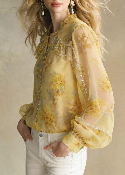 Handmade Yellow Ruffled Zircon Chiffon Button Shirt Spring