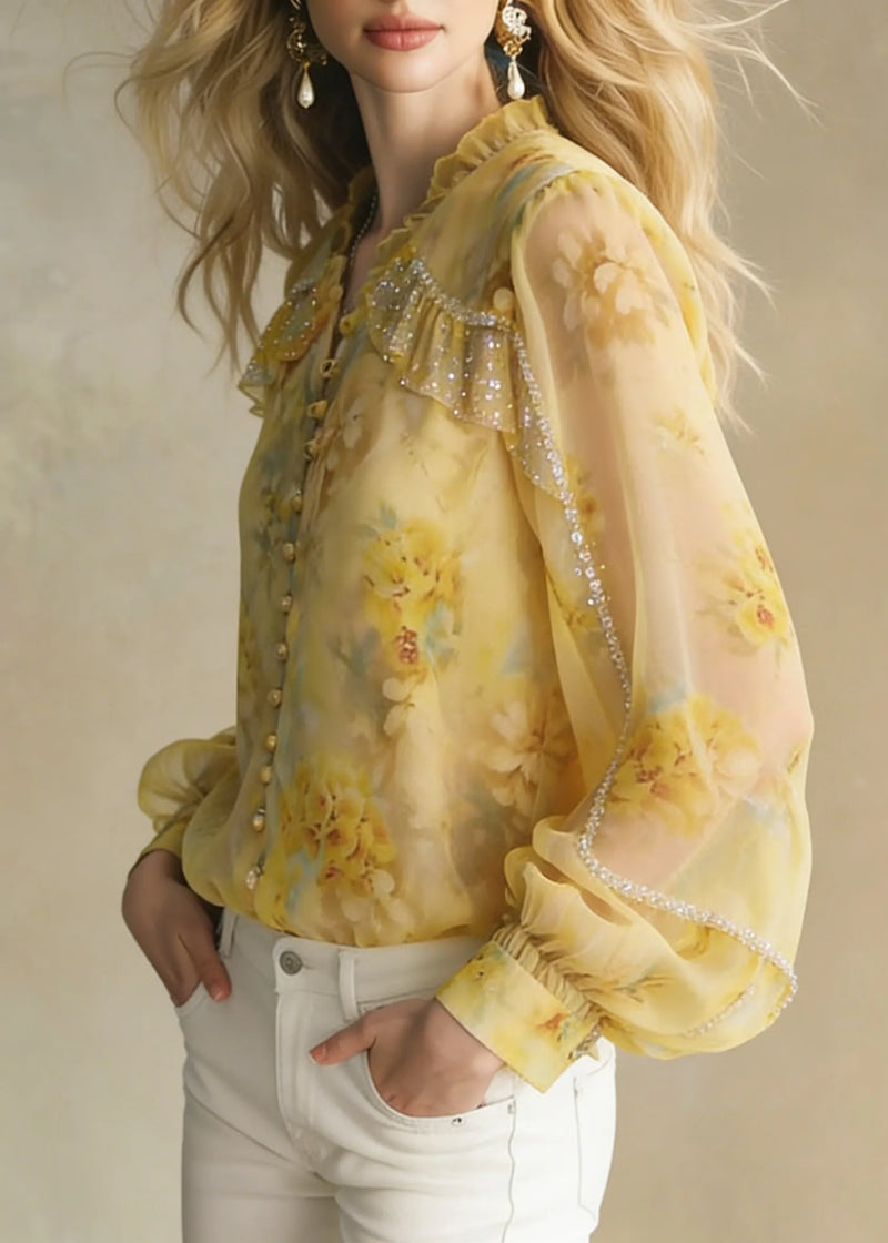 Handmade Yellow Ruffled Zircon Chiffon Button Shirt Spring