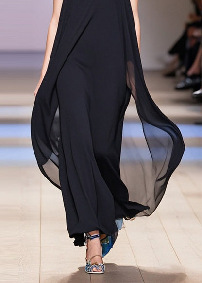 French Black Oversized Draping Chiffon Maxi Dresses Sleeveless Summer