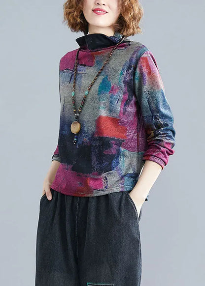 Rose Turtle Neck Tie Dye Cotton Shirt Top Spring