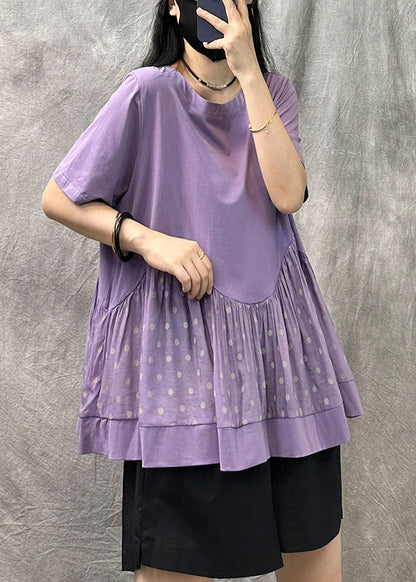 Khaki O Neck Dot Patchwork Cotton T Shirts Top Summer