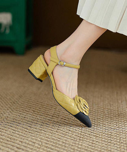 Boutique Buckle Strap Splicing Chunky Sandals Yellow Cowhide Leather