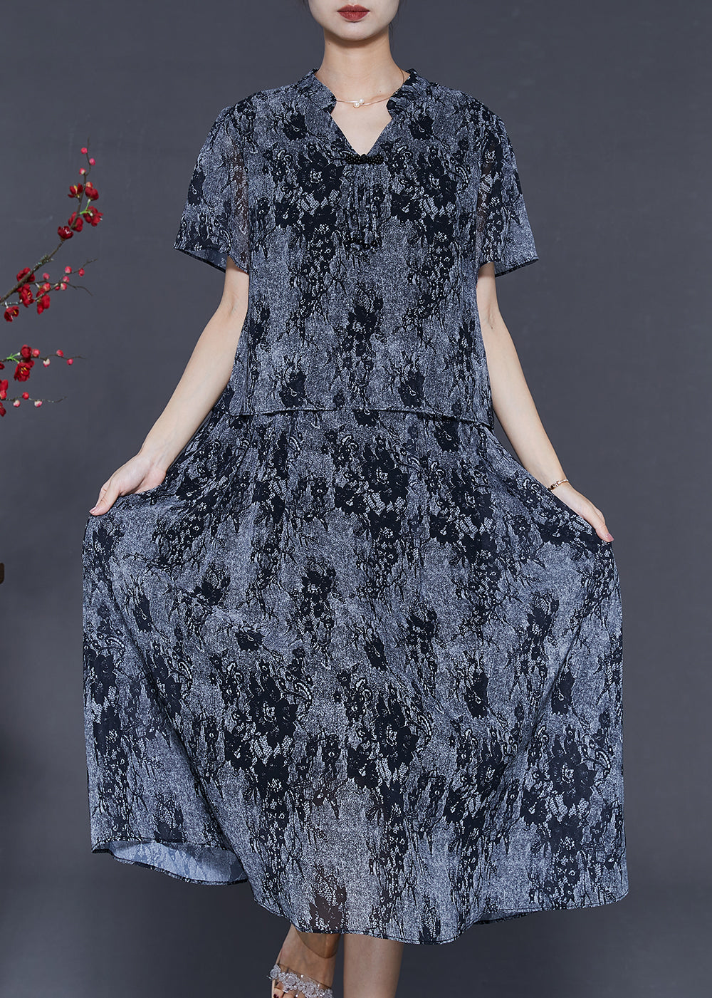 Diy Grey V Neck Tie Dye Chiffon Dress Summer
