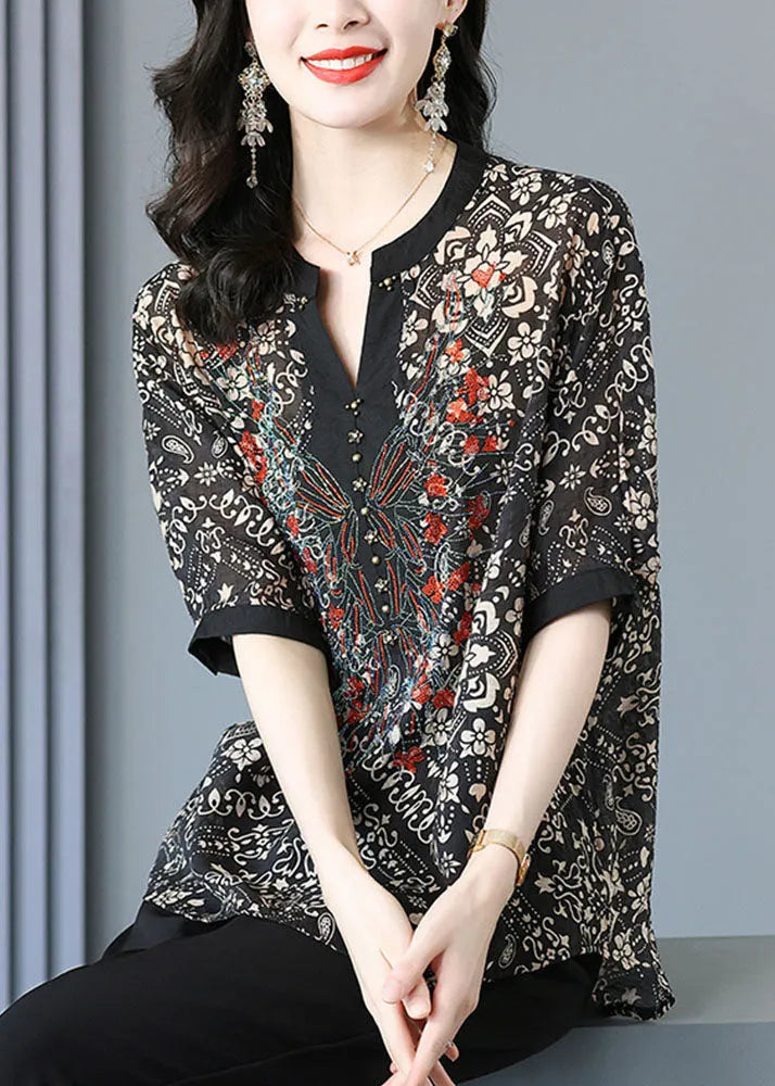 Black V Neck Print Silk Shirt for Short Sleeve