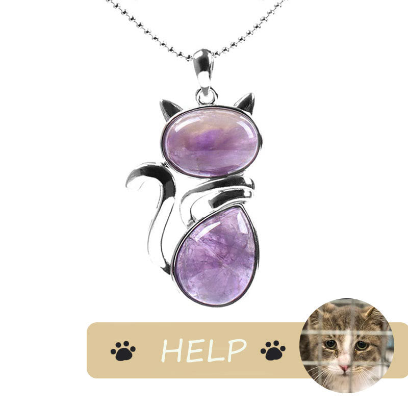 "save a Cat" Cat Pattern Natural Crystal Protection Cat-loving Pendant Necklace