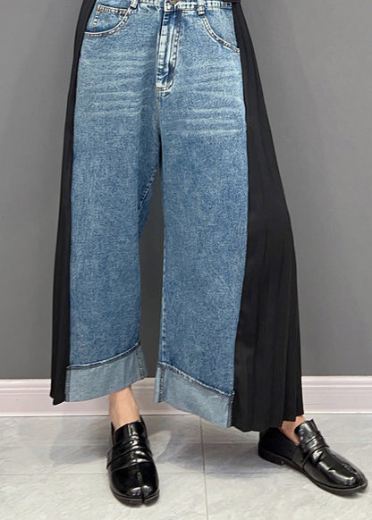 Blue Chiffon Patchwork High Waist Dnime Straight Pants Spring
