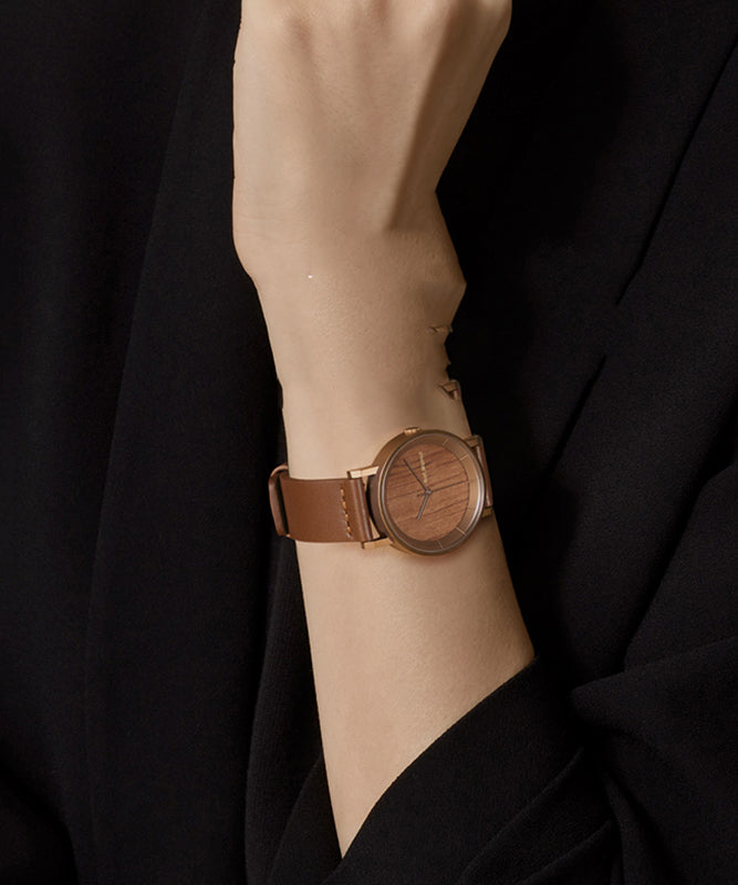 Brown Genuine Leather Inlaid Wooden Quartz Movement Watch