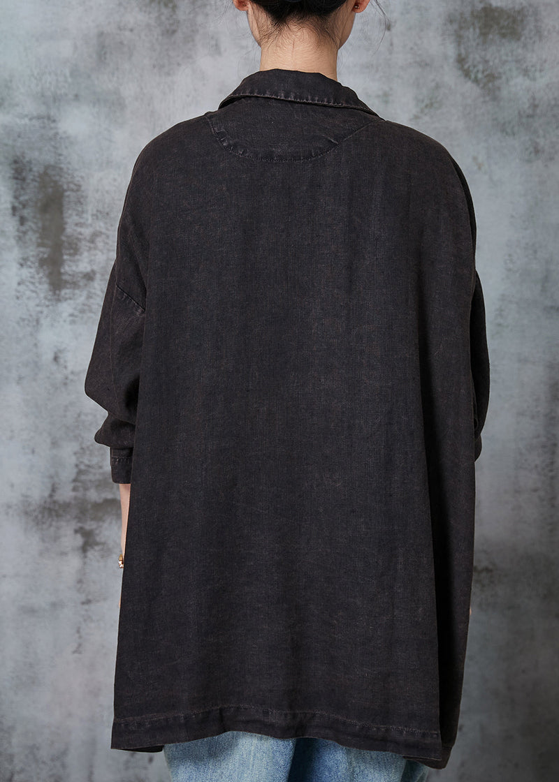 Black Oversized Pockets Linen Jackets Spring