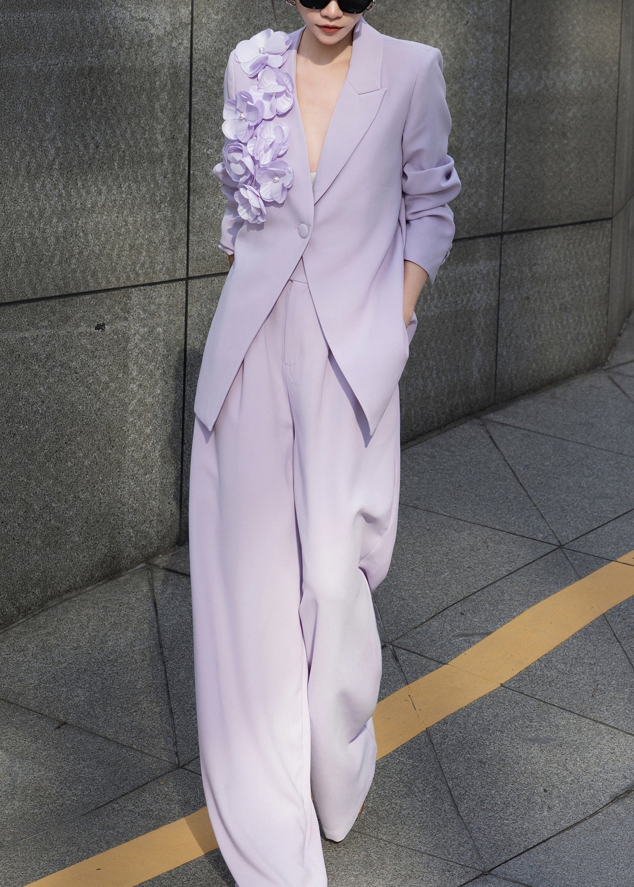 Purple Button Coat and Pants Two Pieces Set Fall