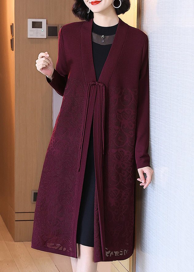 Wine Red Button Hollow Out Cotton Knit Long Cardigan Spring