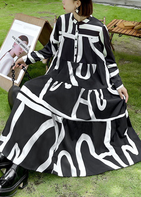 Loose Black Button Patchwork Print Fall Long Sleeve Long Dresses