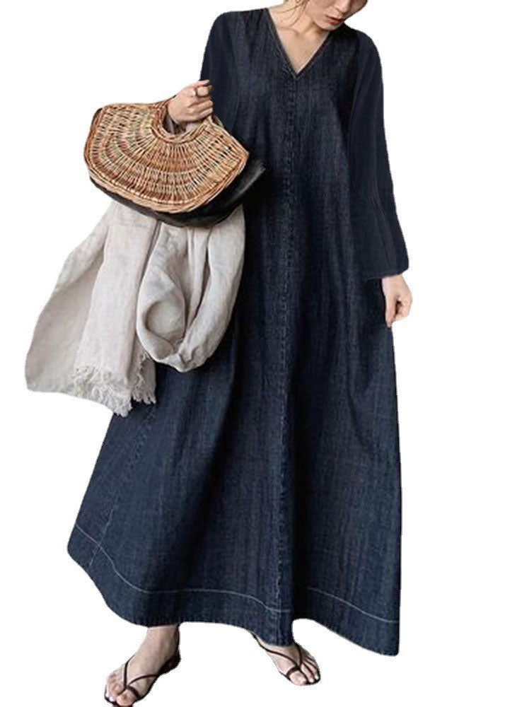 Navy V Neck Patchwork Loose Waist Cotton Dress Spring