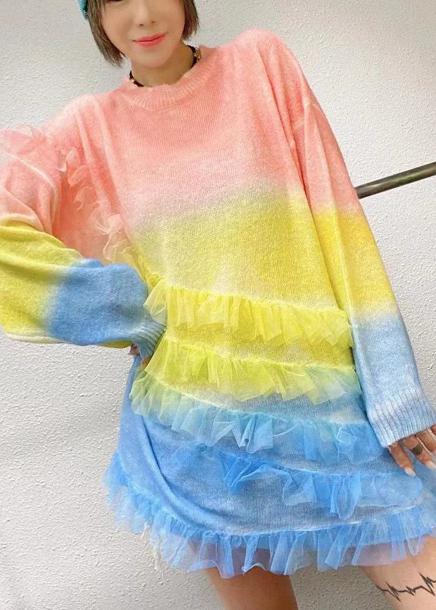 Rainbow O-neck Ruffles Knit Fall Loose Long Sweater