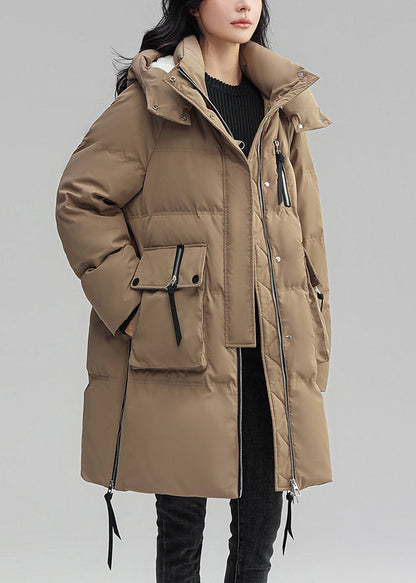 Khaki Hooded Button Patchwork Duck Down Coat Winter