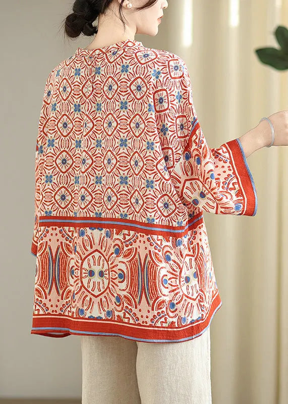 Red Oversized Print Tops Bracelet Sleeve