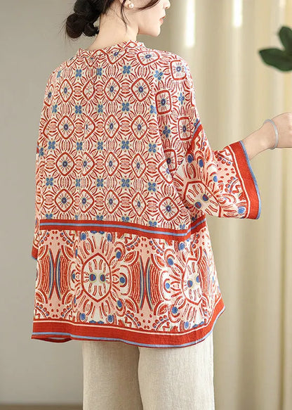 Red Oversized Print Tops Bracelet Sleeve