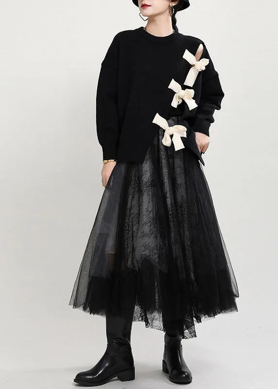 Organic Black O-neck Patchwork Asymmetrical Design Fall Knit Knitted Sweaters