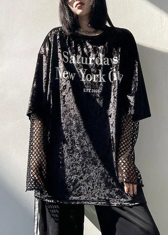 Loose Black Letter Tops Blouses O Neck Loose Spring Top