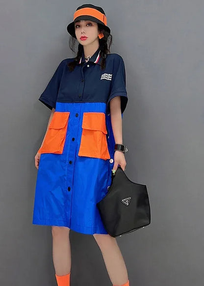Peter Pan Collar Patchwork Button Pockets Side Open Shirt Short Sleeve