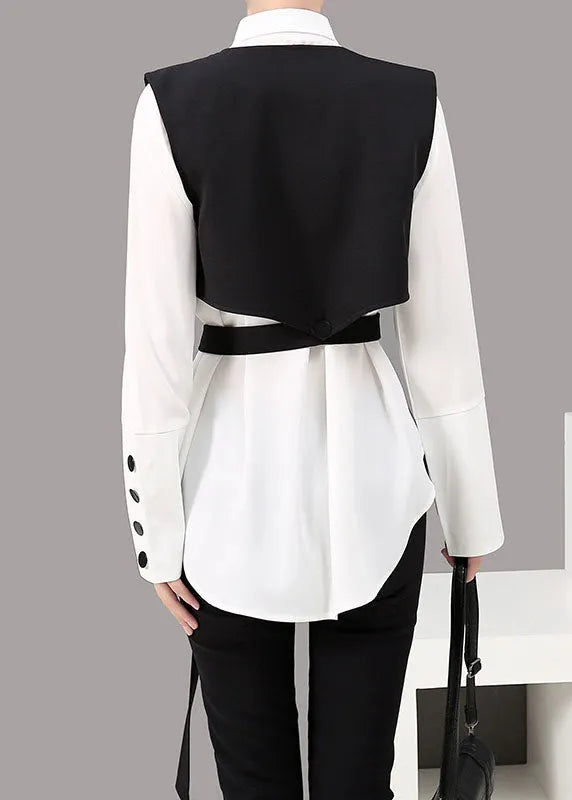 Loose Black Peter Pan Collar Button Shirt Vest Two Piece Suit Set Spring