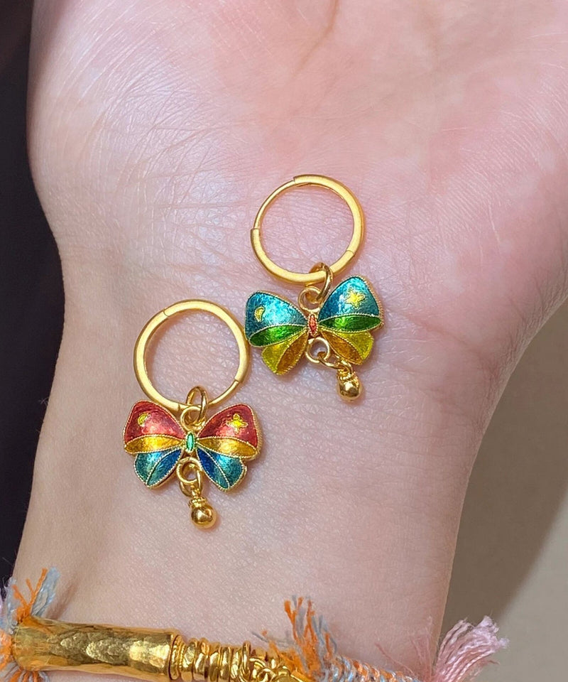 Stylish Rainbow Sterling Silver Overgild Butterfly Drip Glaze Hoop Earrings