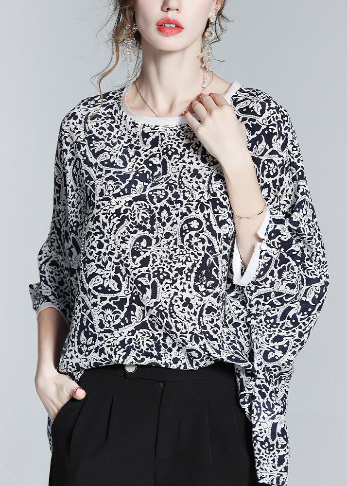 Retro Black O-neck Print Silk Shirts Long Sleeve