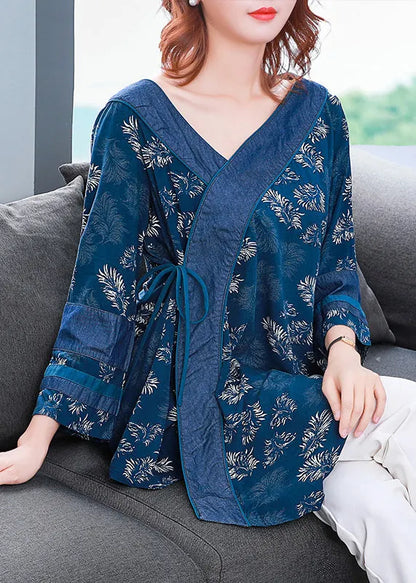 Boutique Blue Tie Waist Asymmetrical Design V Neck Print Patchwork Cotton Top Three Quarter Sleeve