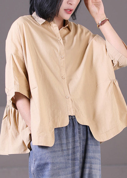 Khaki Peter Pan Collar Asymmetrical Design Patchwork Wrinkled Cotton Shirt Tops Short Sleeve