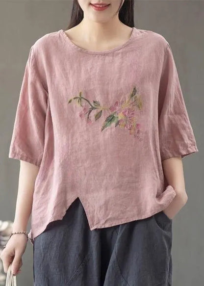 Loose Linen O Neck Print Linen T Shirt Half Sleeve