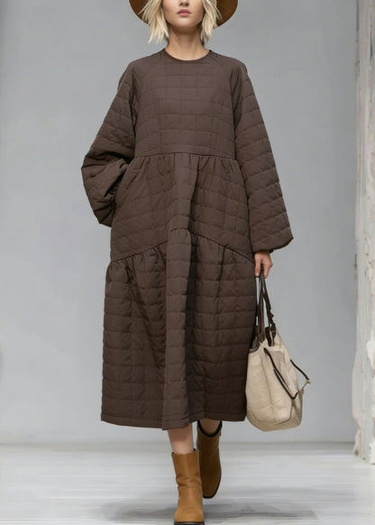 New Brown O Neck Patchwork Fine Cotton Filled Maxi Dress Winter