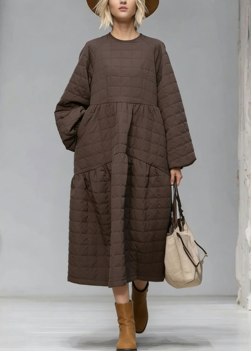 New Brown O Neck Patchwork Fine Cotton Filled Maxi Dress Winter