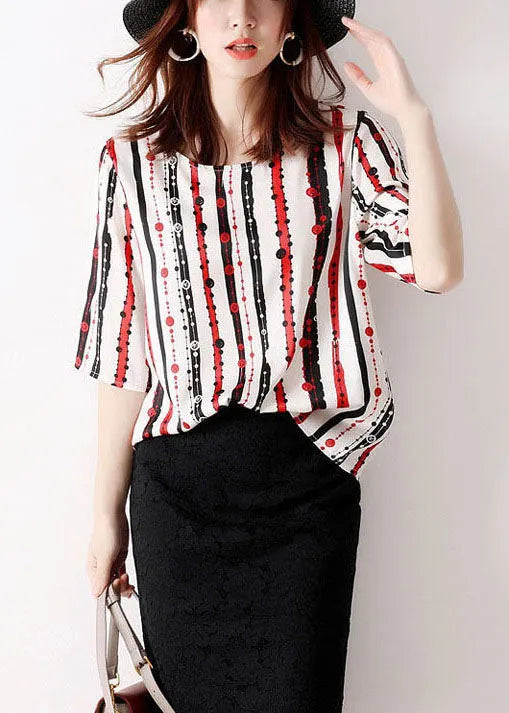 Classy Red O-neck Striped Chiffon Shirt Tops Half Sleeve