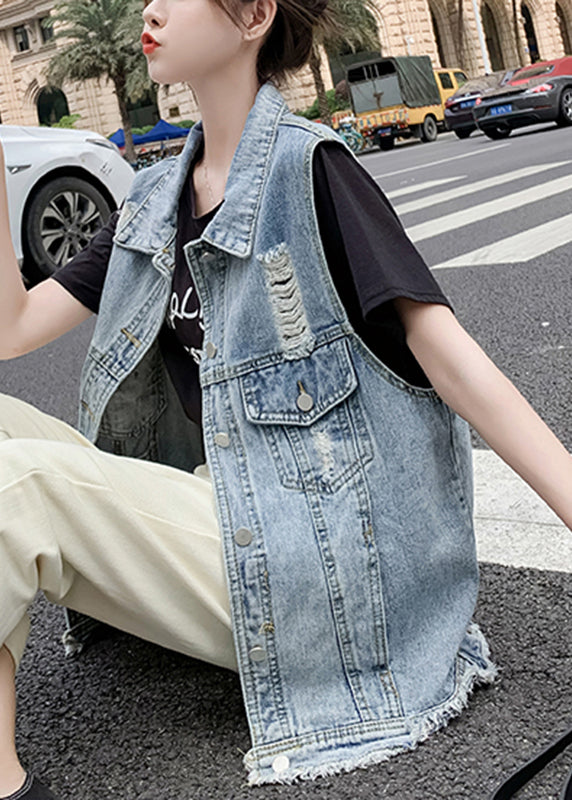 Diy Light Blue Peter Pan Collar Denim Waistcoat Sleeveless