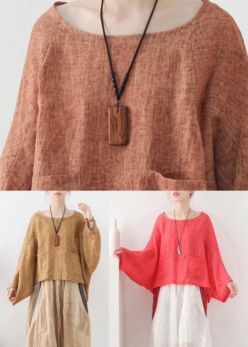 Red O-neck Linen Pullover Sweatshirt Batwing Sleeve
