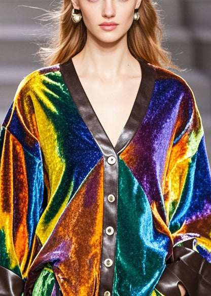 Multicolour V Neck Patchwork Silk Velvet Coat Fall