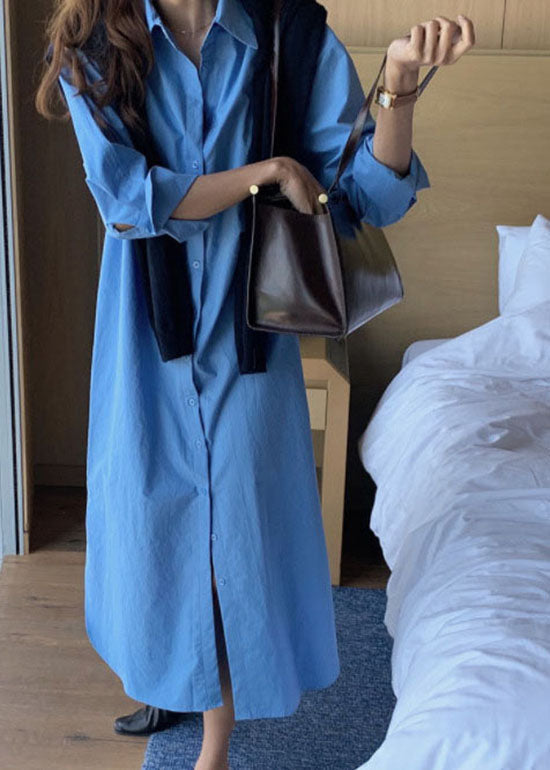 Modern Blue Tie Waist Side Open Cotton Dress Spring