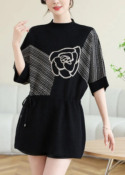 New Coffee O-neck Print Drawstring Knit Top Spring