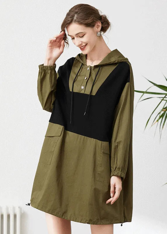 Army Green Hooded Oversized Patchwork Cotton Sweatshirt Spring