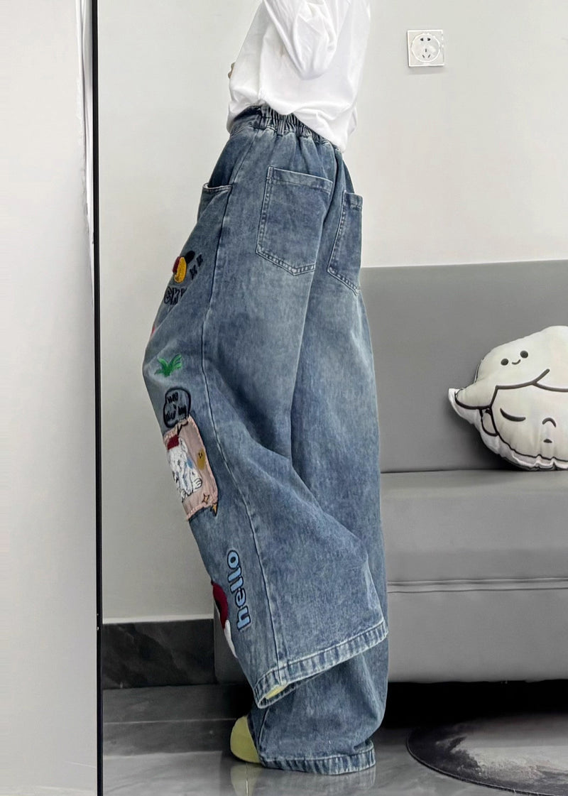 Style Blue Embroidered Patchwork Dog Applique Denim Straight Pants Spring