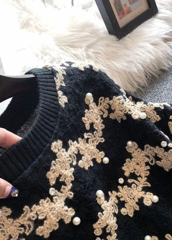 Vertical Striped O-neck Patchwork Nail Bead Woolen Sweatshirts Long Sleeve