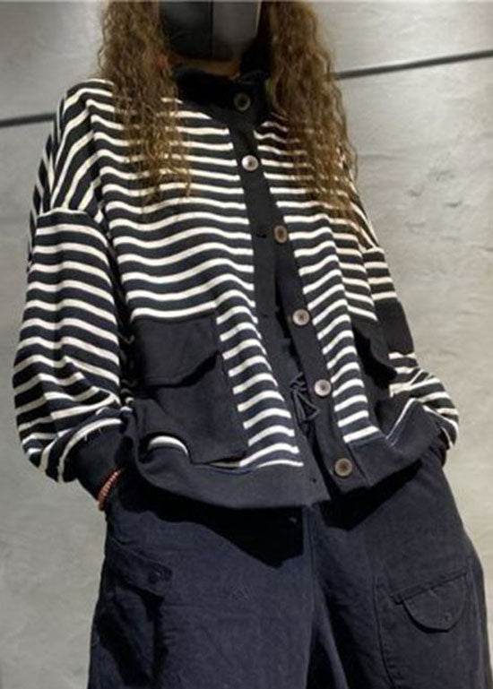 Black Button Stand Collar Pockets Coats Long Sleeve Fall