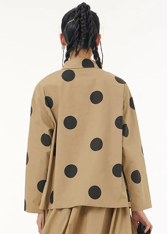Khaki Peter Pan Collar Dot Print Patchwork Cotton Shirt Spring
