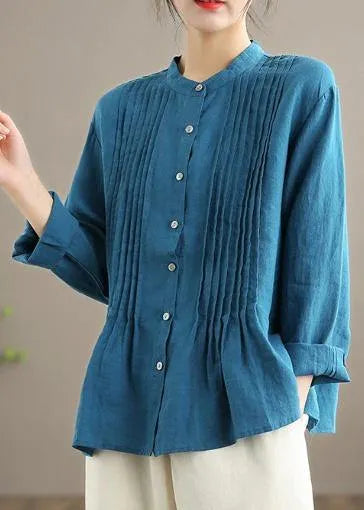 French Blue Blouse Stand Collar Cinched Art Spring Top