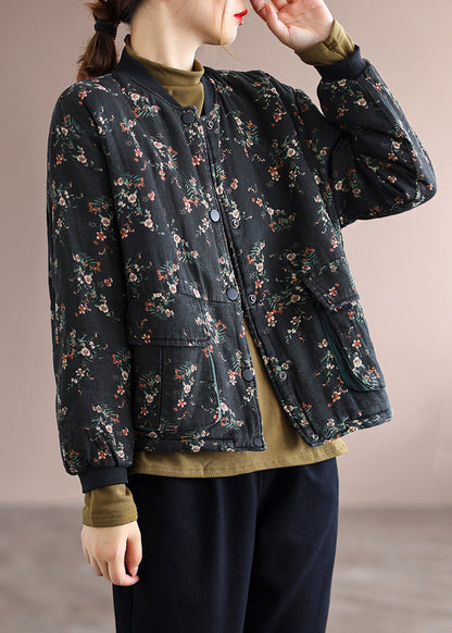 Black Print Pockets Patchwork Fine Cotton Filled Jackets Winter