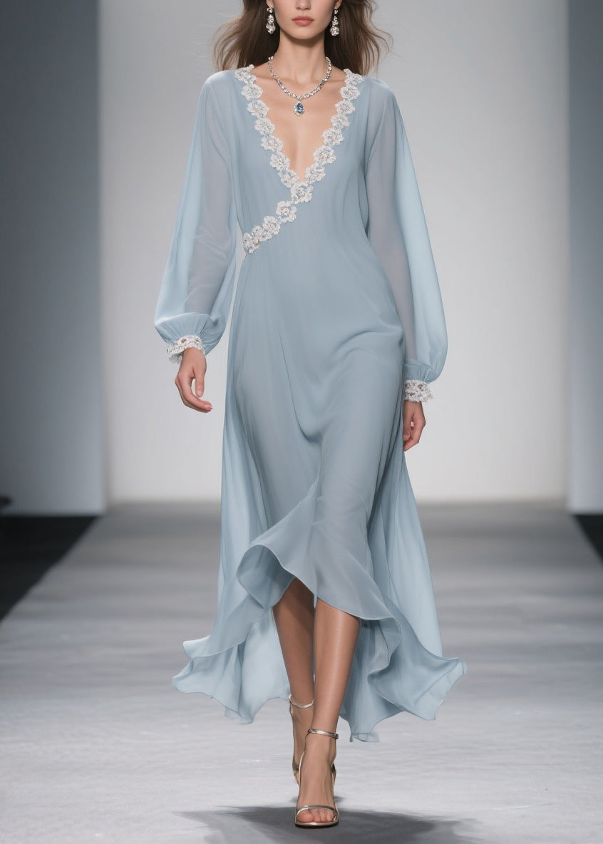 Blue Lace Chiffon Long Dress Spring
