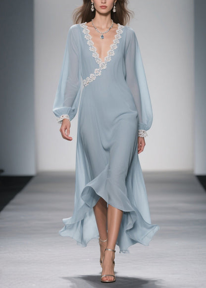 Blue Lace Chiffon Long Dress Spring