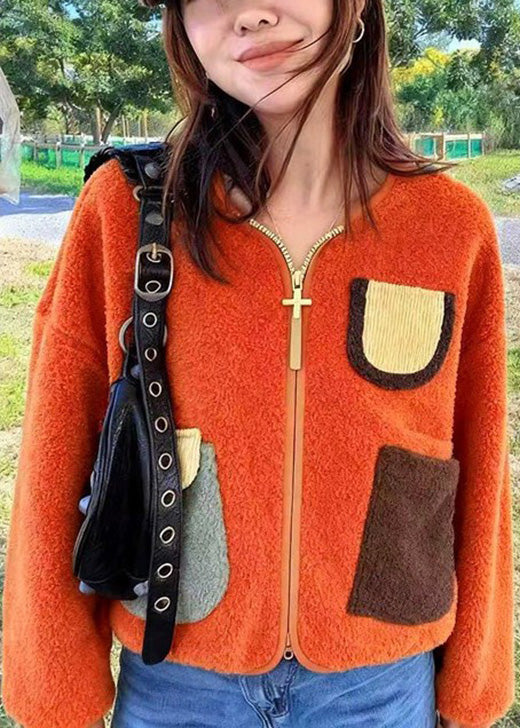 Orange Zip Up Pockets Faux Fur Jacket Spring