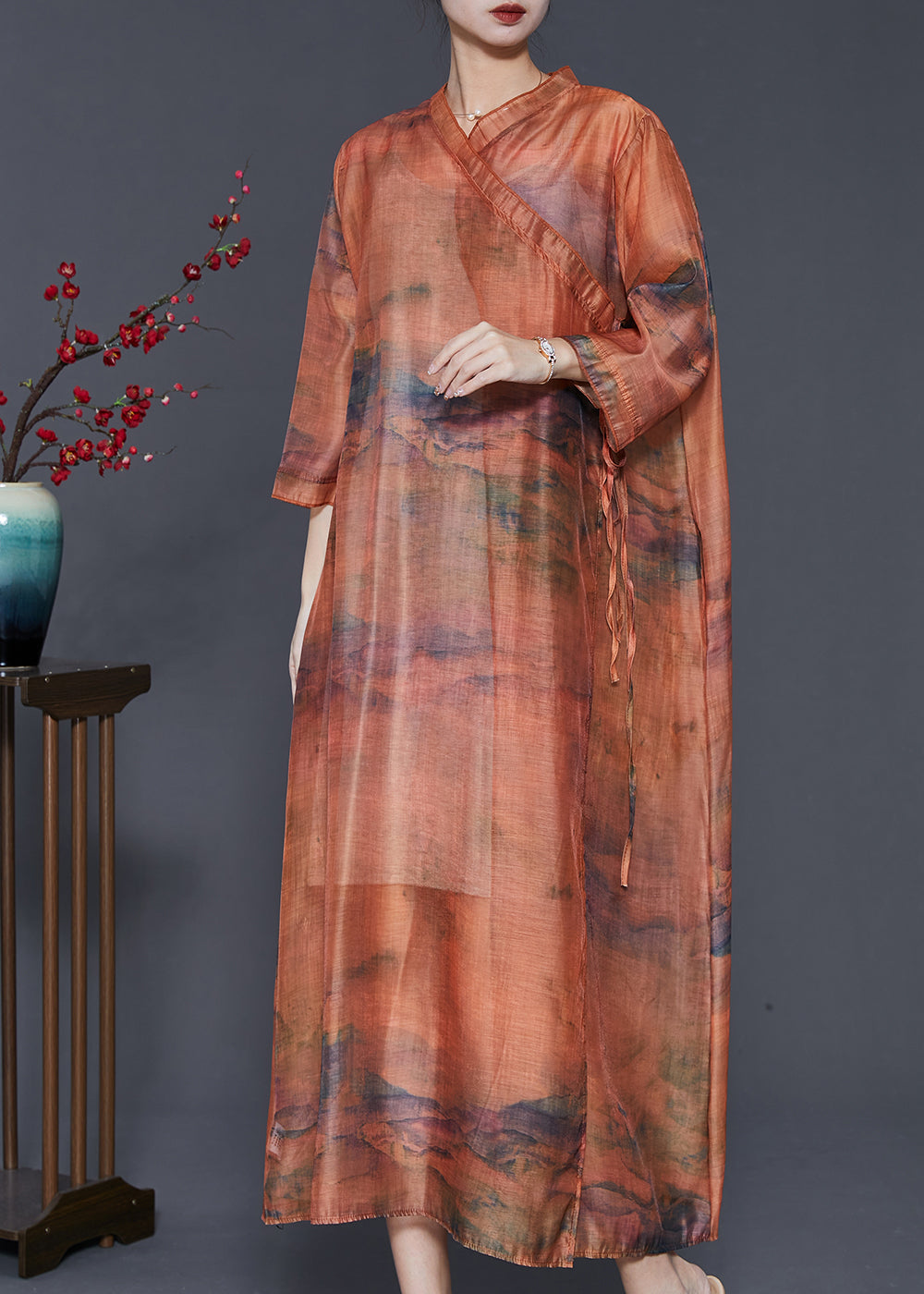 Caramel Oversized Print Linen Robe Dresses Summer