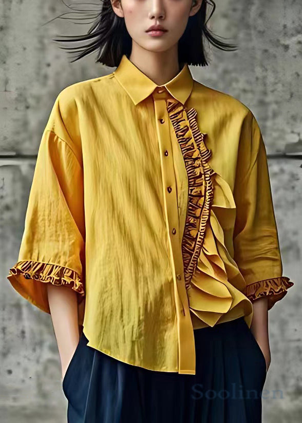 Yellow Ruffled Button Linen Shirt Butterfly Sleeve
