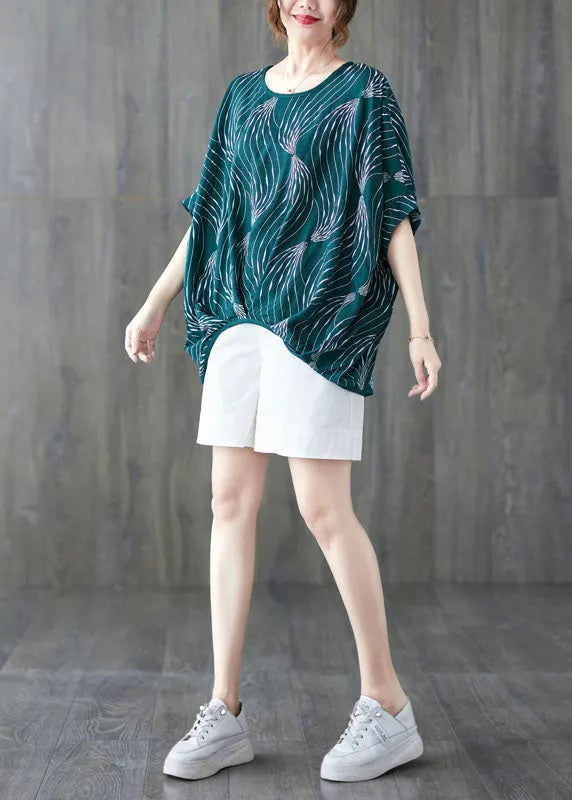 Green O-neck Print Cotton Pullover Tops Short Sleeve